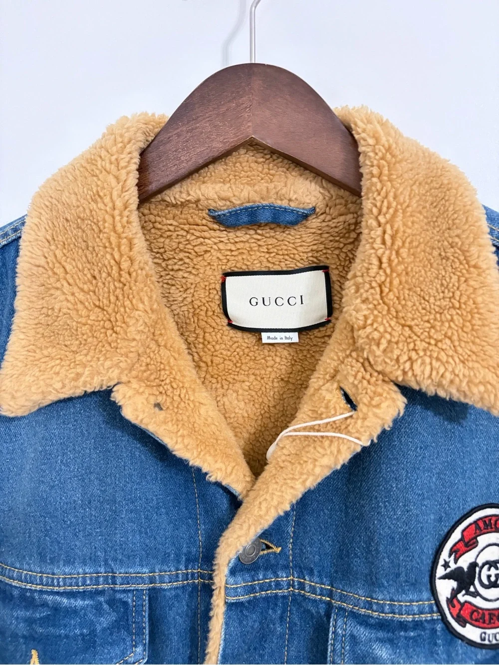 Gucci Blue Denim Jacket with Tan Sherpa Collar